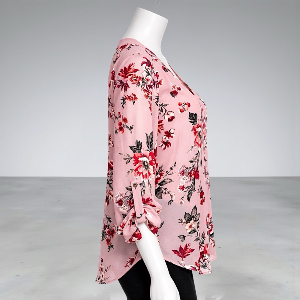 Zac & Rachel Blush Floral Print Roll-Tab Sleeve Blouse - Picture 4 of 11